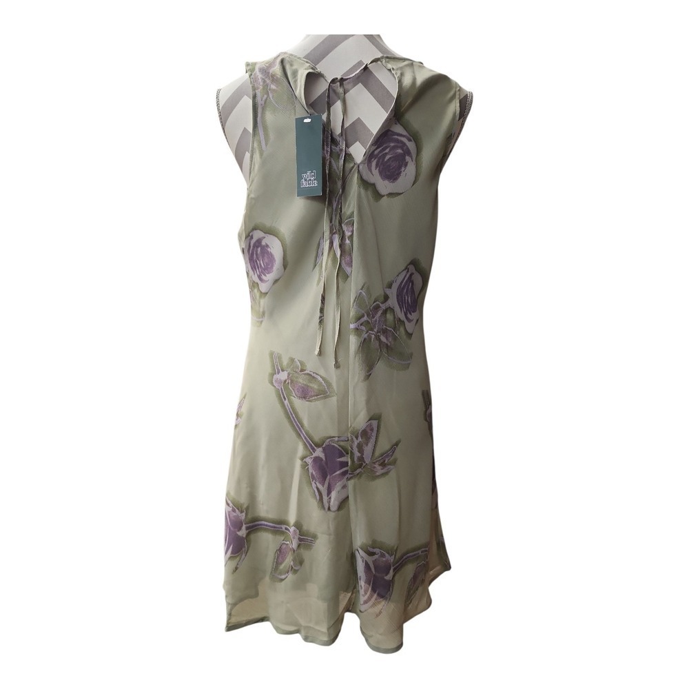NWT Sage Green Rose Print Sleeveless Shift Dress Tie Neck Cottagecore M - Picture 3 of 13